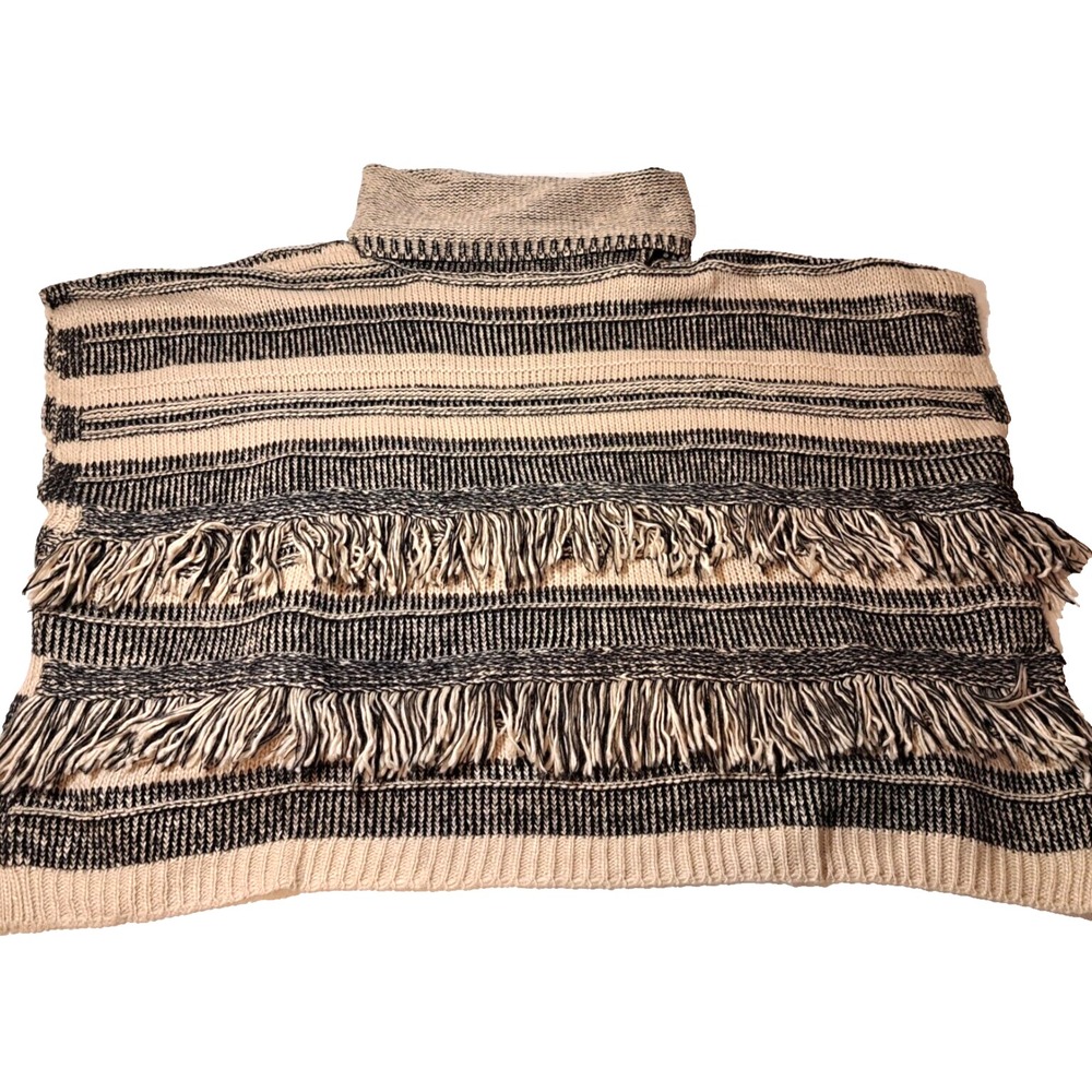 Poncho Turtleneck Sweater Womens One Size Linda Anderson Fringe Black & Tan